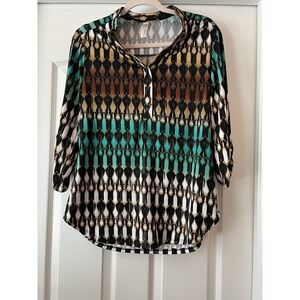 PERCEPTION CONCEPT Women's Blouse Size Large Green Shirt Top Boho Tunic Fall